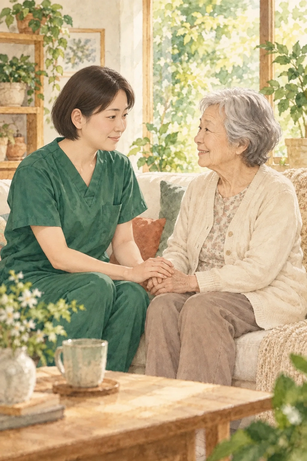 利用者さんに寄り添う看護師のイメージイラスト