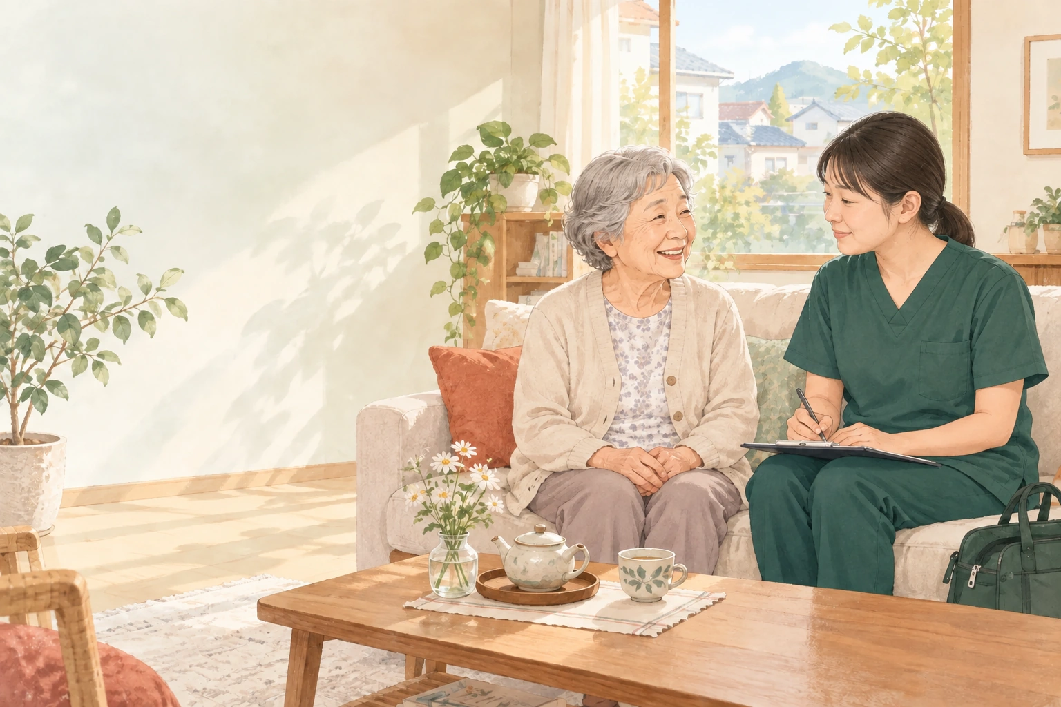 ご自宅で笑顔で話す利用者さんと看護師のイメージイラスト