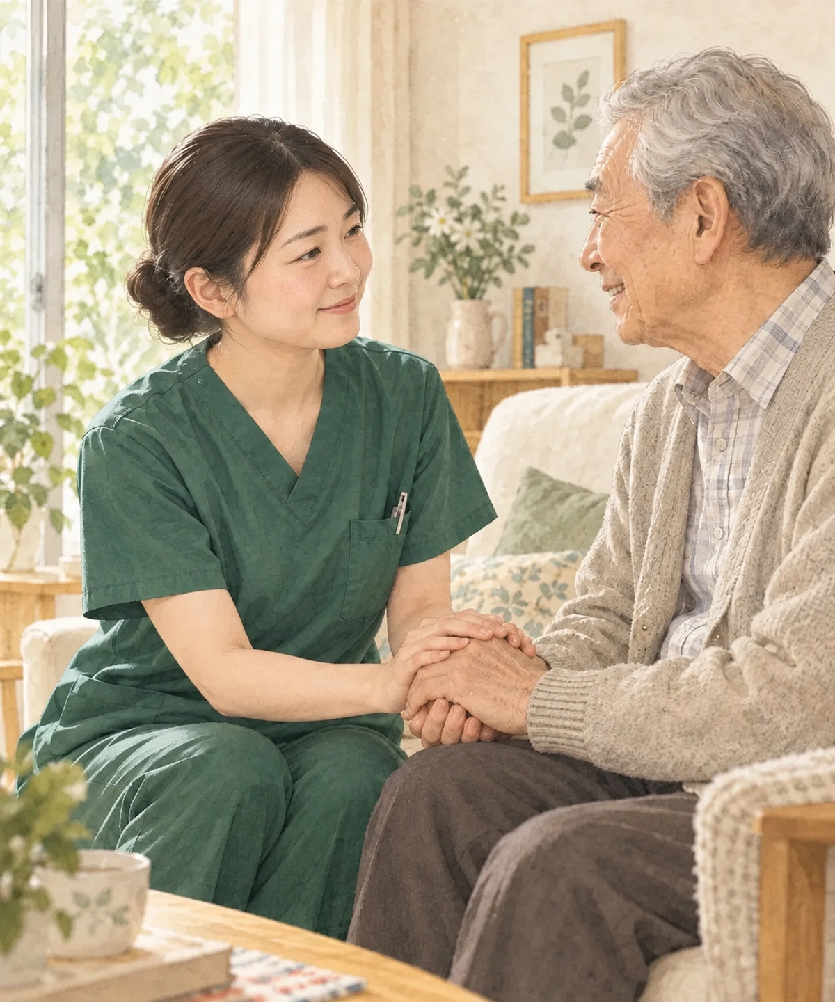 利用者さんの手を取り話を聞く看護師のイメージイラスト