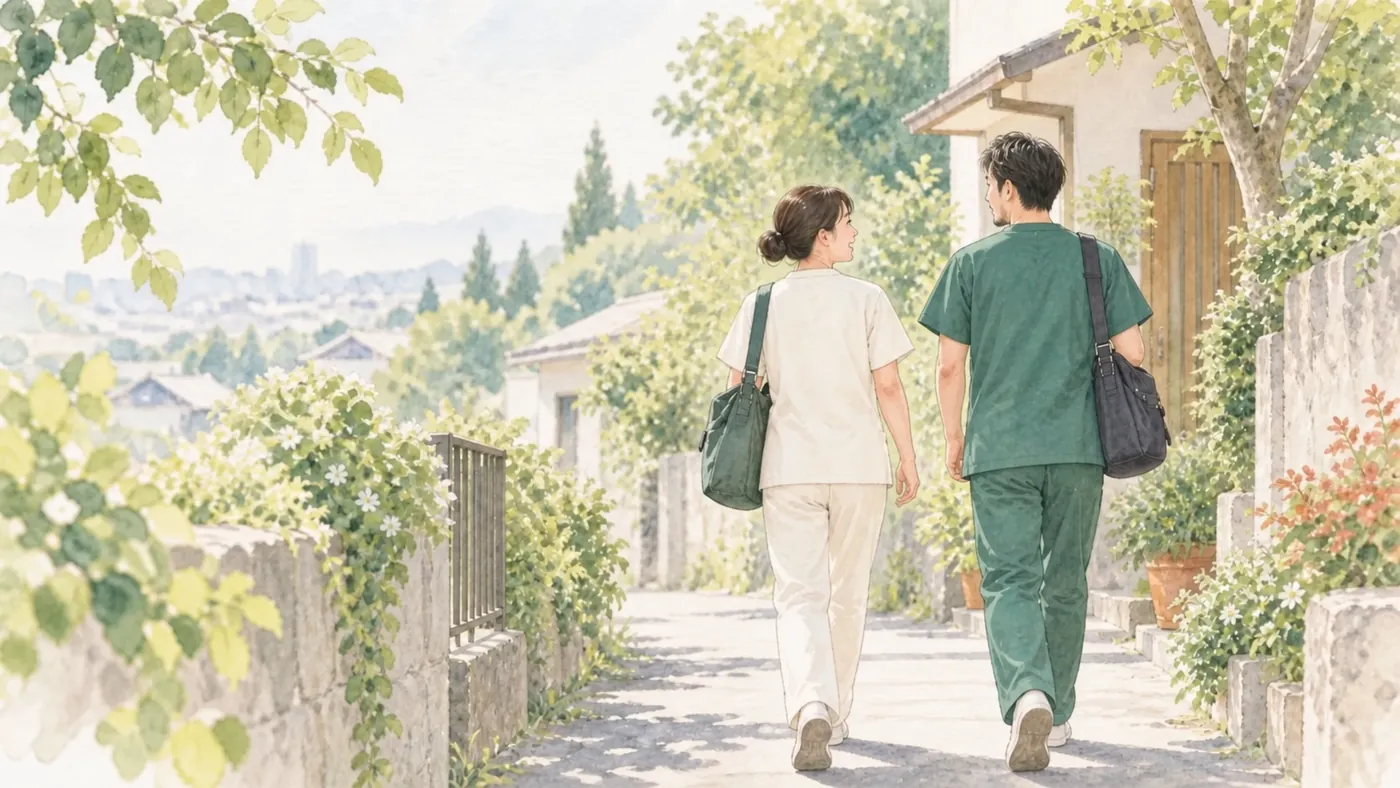 訪問へ向かう小谷拓磨とスタッフのイメージイラスト