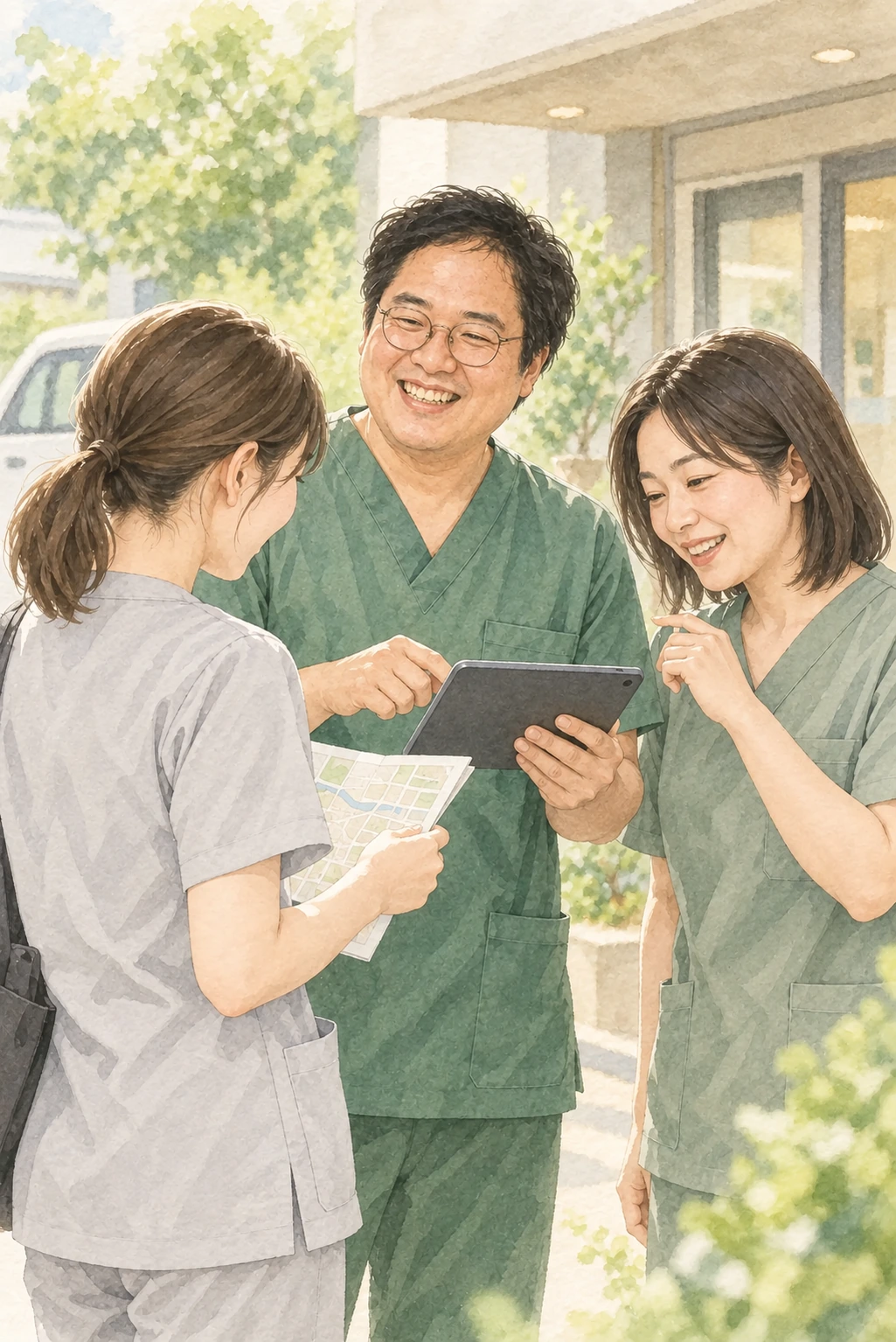 山下英徳とスタッフが自然に笑い合うイメージイラスト