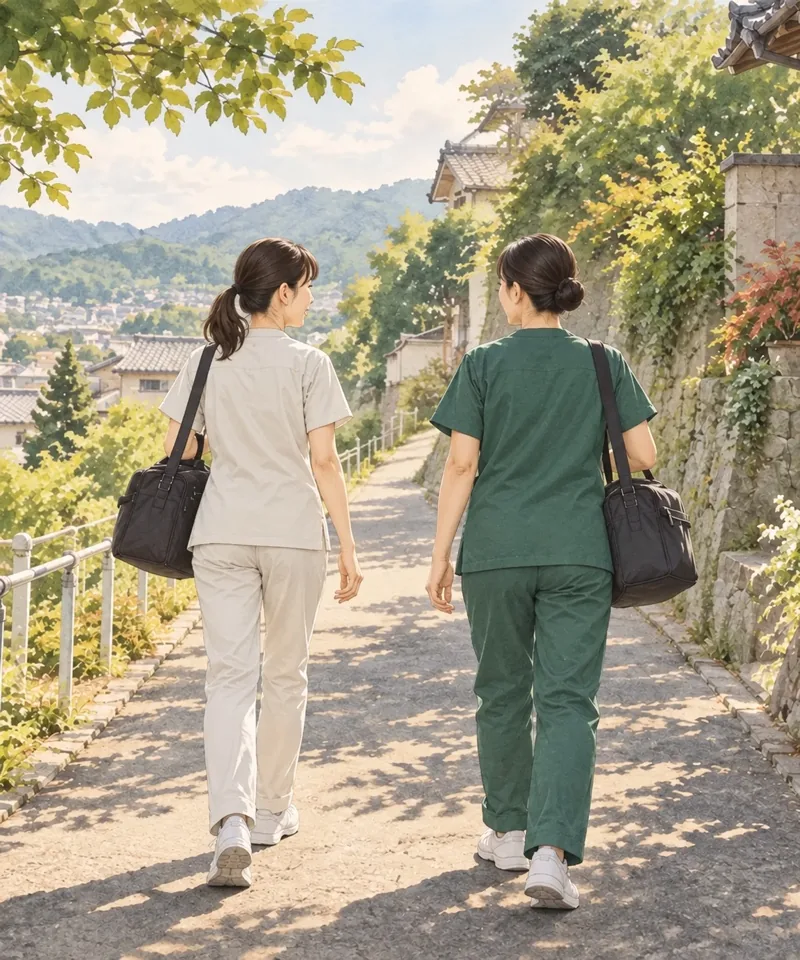 訪問へ向かう若いスタッフ2人の後ろ姿のイメージイラスト