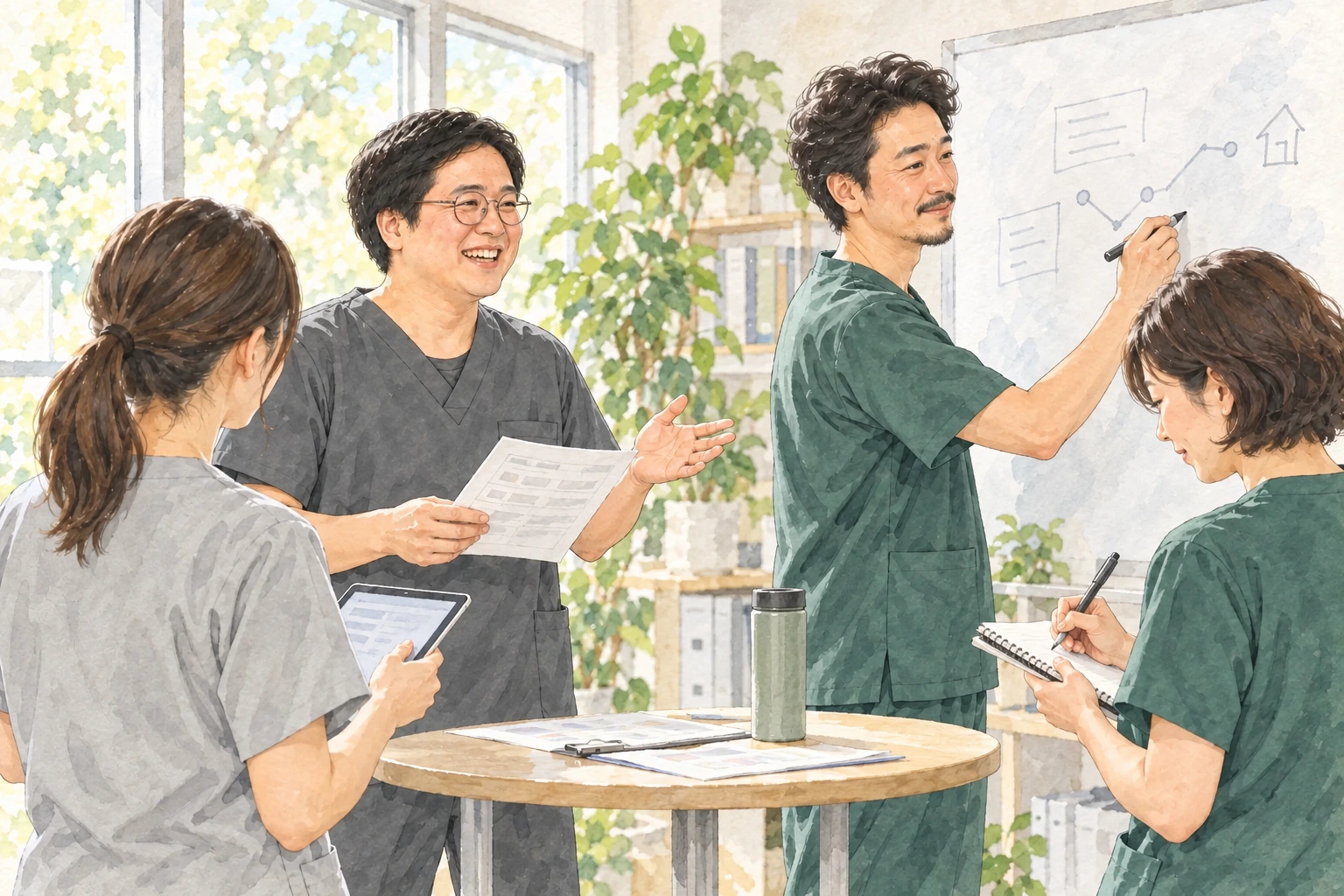 共同代表の小谷拓磨・山下英徳とスタッフが談笑する採用イメージイラスト
