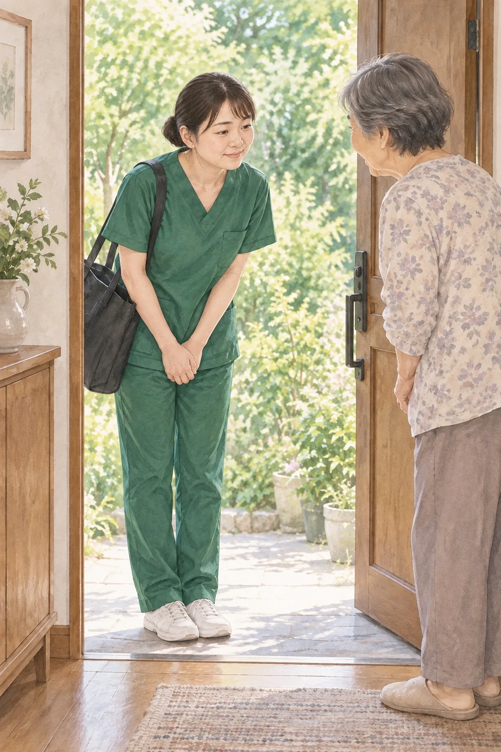 利用者さん宅を訪問するスタッフのイメージイラスト