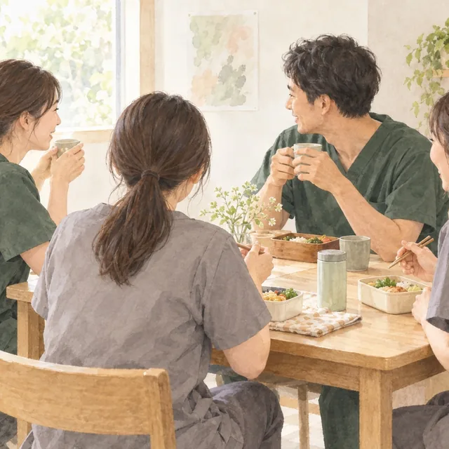 スタッフが弁当とお茶を囲んで昼休憩を楽しむイメージイラスト