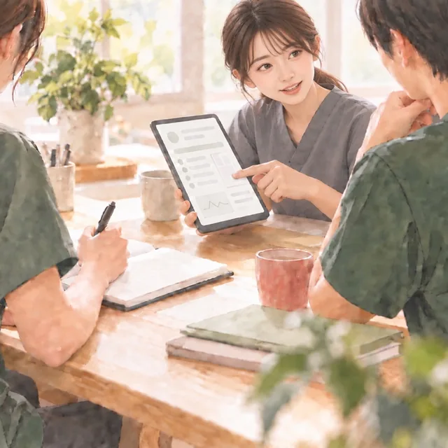 タブレットを示しながらスタッフ同士で相談するイメージイラスト