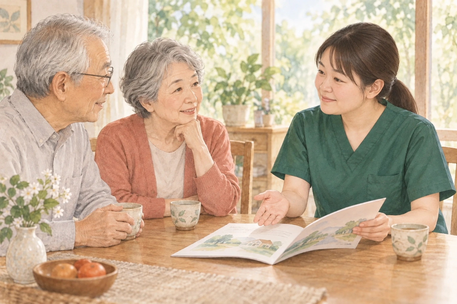 ご自宅で利用者さんとご家族の相談を聞くイメージイラスト