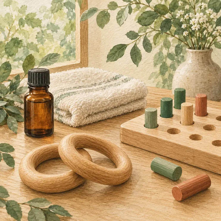 手指訓練用具とアロマ用品を配した作業療法士の職種イメージイラスト