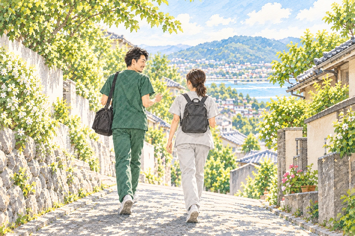小谷拓磨と屋外を歩くスタッフの採用イメージイラスト